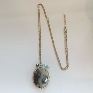 Long Blue Stone and Gold Chain Pendant Necklace